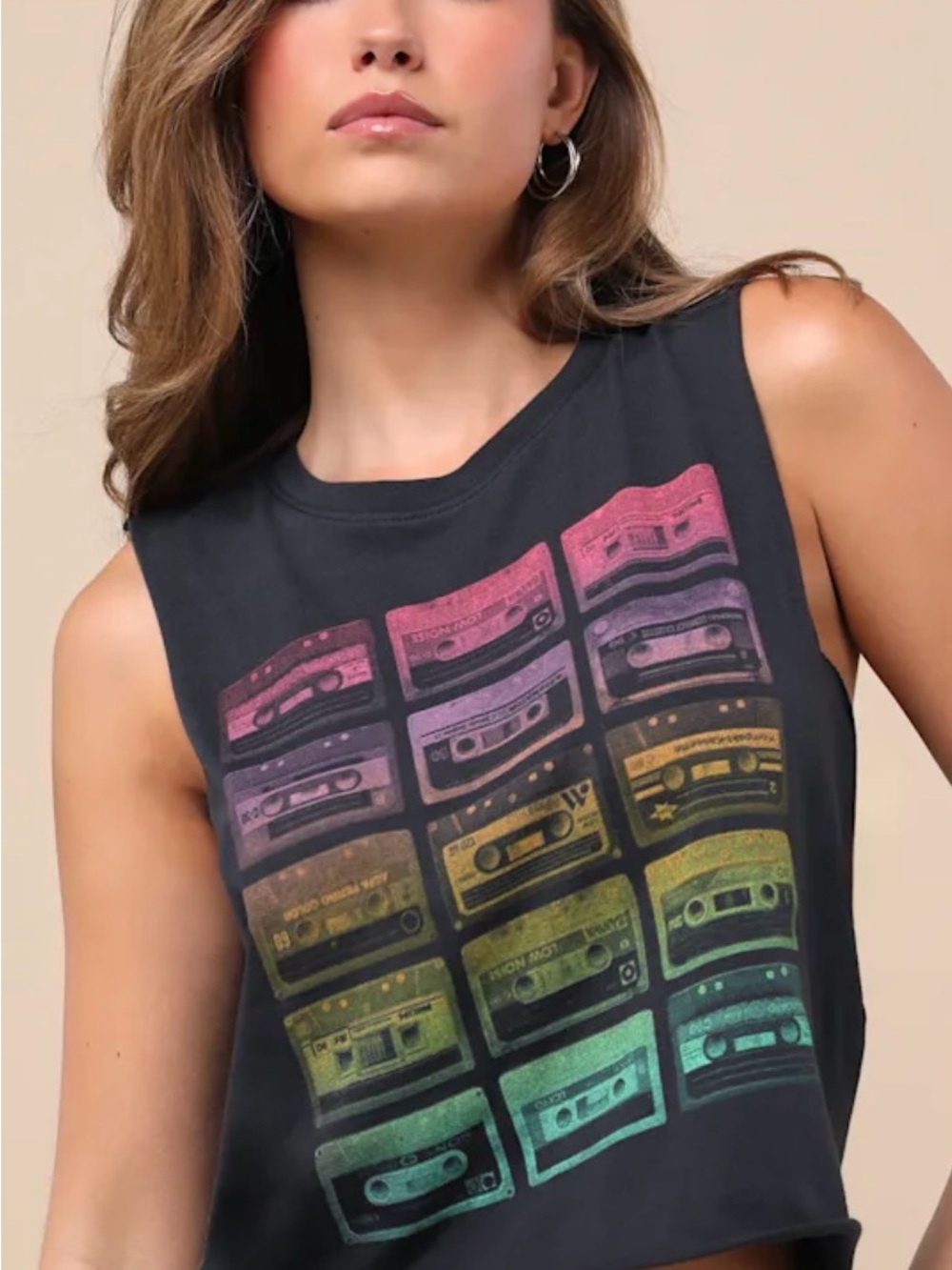 Cassette Black Multi Graphic Muscle Crop Tank Top